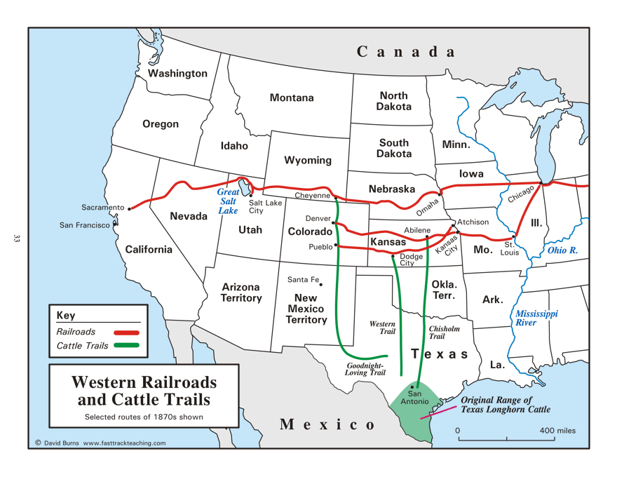 Map - Western Railroads and Cattle Trails - 1870s - Chisholm Trail