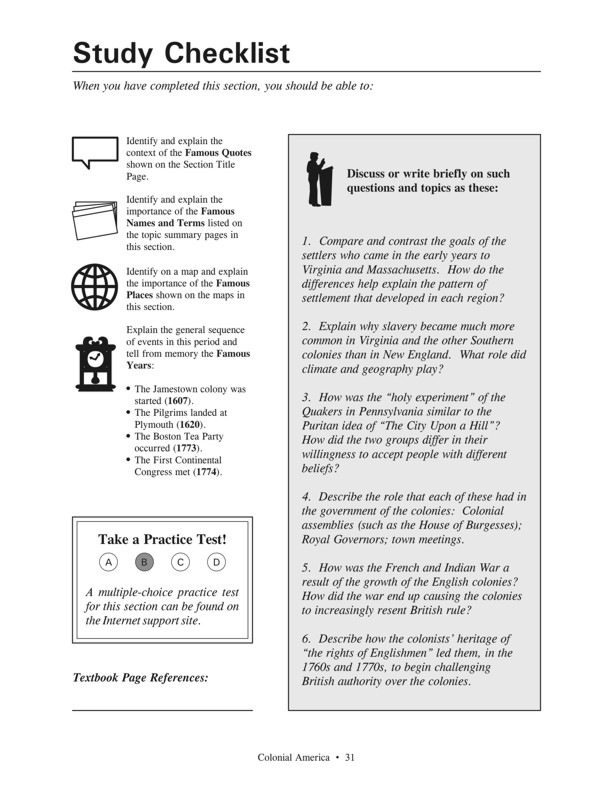 Fasttrack to America's Past - Section 2: Colonial America 1600 - 1775 - Study Checklist for this section