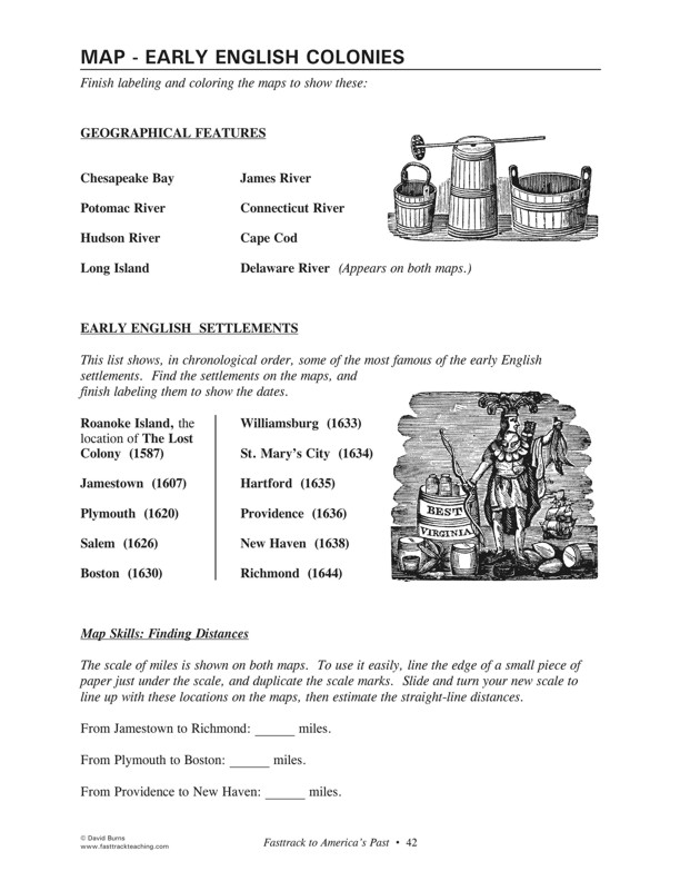 Fasttrack to America's Past - Section 2: Colonial America 1600 - 1775 - Map - Early English Colonies - directions for completing the map