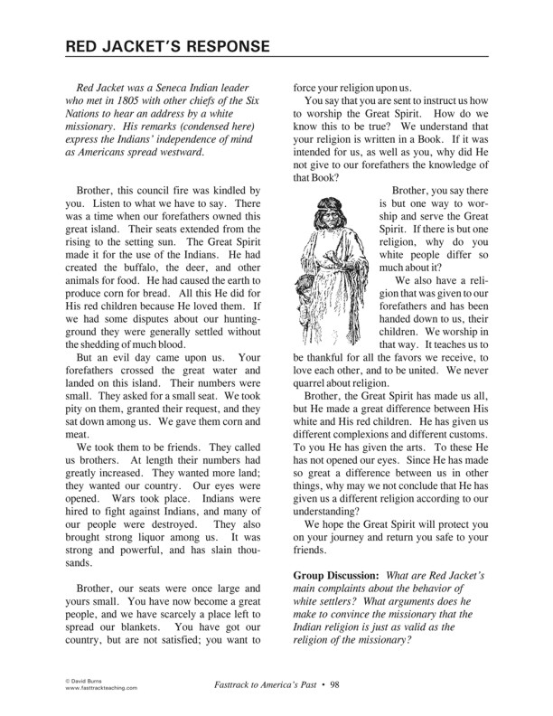 Fasttrack to America's Past - Section 4 The Growing Years 1800 - 1860   Red Jacket's Response - Native American Seneca leader's speech