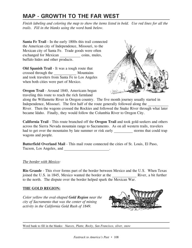 Fasttrack to America's Past - Section 4 - The Growing Years 1800 - 1860 - Growth to the Far West - map directions page