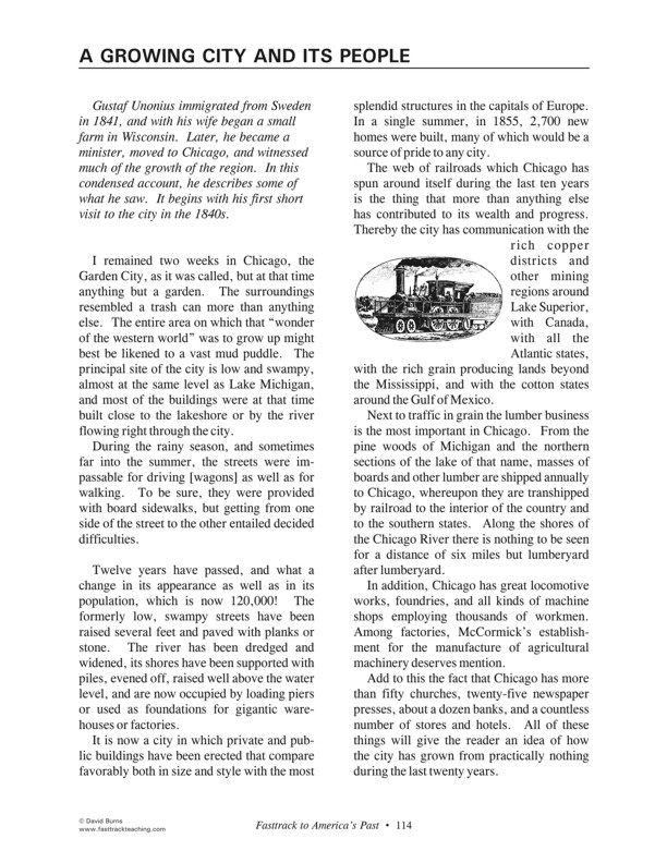 Fasttrack to America's Past - Section 4 The Growing Years 1800 - 1860   A Growing City and its People  - Gustaf Unonius describes the growth of Chicago